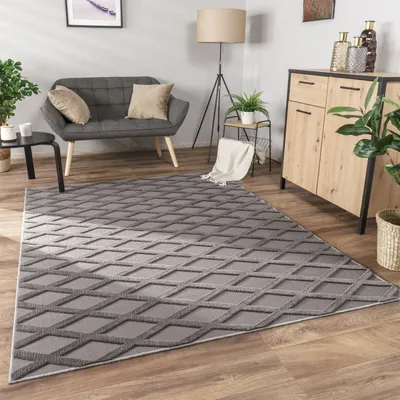 Produktbild von Teppich Wohnzimmer Schlafzimmer Kurzflor Boho Skandi Raute 3D Grau Anthrazit Grösse 120x160 cm