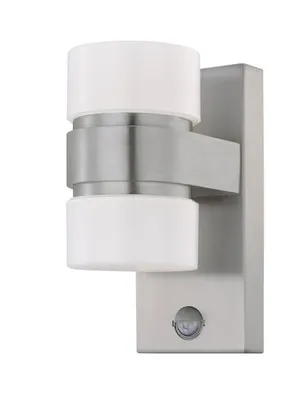 A modern, silver LED outdoor wall light with two white cylindrical lamps and a built-in sensor.