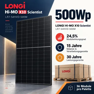 Produktbild von LONGi Hi-MO X10 500Wp x36 BC Bifaziale Solarmodule für Balkonkraftwerke Photovoltaik Glas-Glas (36 Stück)