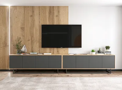 Produktbild von 2er Set TV Lowboards Apollo 2 und Apollo Lindner Möbel, TV Schrank und Fernsehschrank, in Wotan Eiche matt und Graphit matt, Maße 300 x 53 x 35 cm
