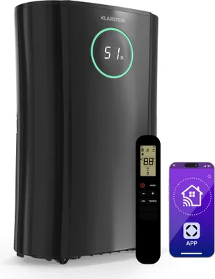 Image de Klarstein DryFy ProConnect 24L Déshumidificateur Smart, Wi-Fi, 24h Minuterie, Filtre Charbon Actif, Silencieux, Réservoir 4L, Portable, Pour Maison & Bureau, Jusqu'à 36m², Noir