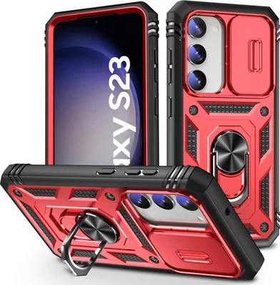 Produktbild von Galaxy S23 Hülle, Schiebe Kamera Schutz Robust Rüstung Schutzhülle mit Ringhalterung Ständer Kartenhalter für Samsung Galaxy S23 Rot