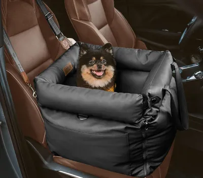 Produktbild von Hundeautositz aus Leder für kleine und mittelgroße Hunde bis 15,9 kg, wasserdicht mit Sicherheitsleine und rutschfester Unterseite, gepolstertes Hundebett für das Auto