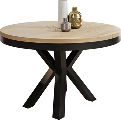 Produktbild von Runder Ausziehbarer Esstisch im Loft-Stil - Industrieller Tisch mit Schwarzen Metallbeinen - Platzsparender Tisch für Wohnzimmer - Sonoma Eiche - 120 bis 200 cm
