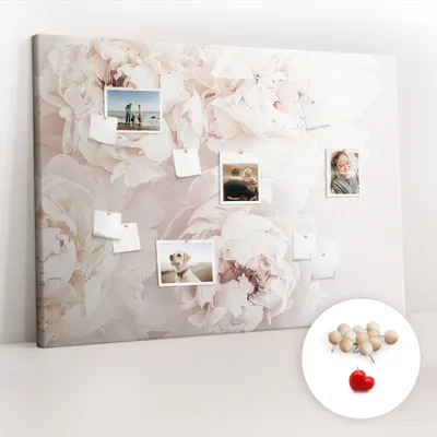 Obrázek produktu pro Korková nástěnka s kolíčky - Tabule s kolíky pro fotografie a poznámky - 140x100 cm - Připínáčky dřevěné 100 kusů - Květy pivoňky