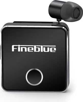 A black Fineblue Bluetooth headset with a silver button and a silver trim around the edge, shown against a white background.