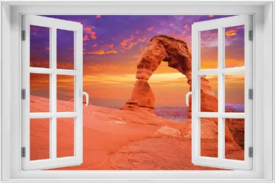 Produktbild von Wallario Wandbild mit Fenster-Illusion: Steinbogen vor einem farbenfrohen Himmel in lila-rot, Größe: 61 x 91,5 cm, Poster mit weißem Aluminiumrahmen