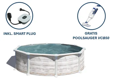 Produktbild von GRE Runder Stahlwandpool mit Nordicoptik Ø 460 x 132 cm, Serie Grönland + Smart Plug + GRATIS Elektrischer Poolreiniger ELECTRIC VAC PLUS