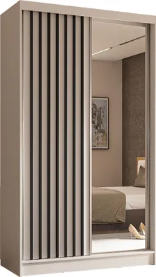 Obrázek produktu pro Lamelová Šatní Skříň se Zrcadlem a Lištami, Šatní Tyč 120 150 160 180 240 cm Šatní Skříň s Posuvnými Dveřmi do Ložnice - 120 cm - Bílá + Dřevěné Lamely Černé