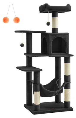 Obrázek produktu pro Kočičí škrábací strom – Hrací prostor pro kočky – Materiál: dřevotříska, plyš, sisal – Rozměry: 55 x 45 x 143 cm