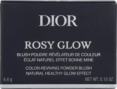 The image shows the packaging of a Dior Rosy Glow blush.