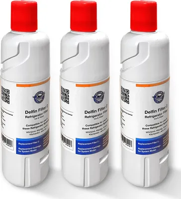 Three white refrigerator water filters with red caps are arranged side-by-side against a white background.