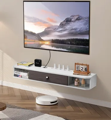 Produktbild von VEVOR TV skříňka na stěnu, plovoucí TV stojan s úložným prostorem pro DVD přehrávač, kabelový box, herní konzoli, nástěnná skříňka, max. nosnost 52 kg, bílá, délka 120 cm