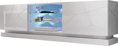 A modern, white TV lowboard with geometric detailing and integrated LED lighting.