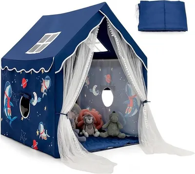 Imagen del producto de Tienda infantil, casita de juegos para interior con alfombra y cortina, casita de juegos para niños y niñas (azul)