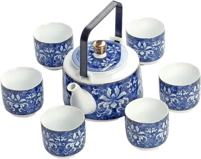 Produktbild von 7-teiliges handgefertigtes Porzellan-Teeset mit farbiger Glasur für Kung-Fu-Tee und Zen-Tee, Teekanne mit großem Fassungsvermögen, Teetasse, Kaffeekanne und Kaffeetassen