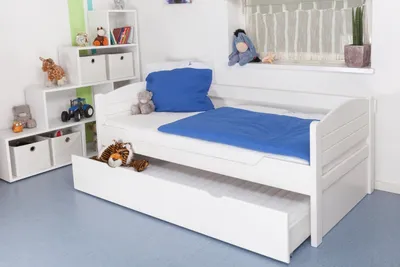 Produktbild von Kinderbett / Jugendbett "Easy Premium Line" K1/s Voll inkl. 2. Liegeplatz und 2 Abdeckblenden, 90 x 200 cm Buche Vollholz massiv weiß lackiert
