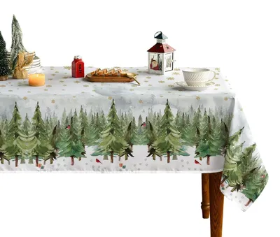Zdjęcie produktu dla Obrus świąteczny Horaldaily 100x140 cm ze złotymi choinkami i śniegiem