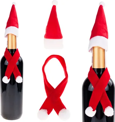 Christmas-themed wine bottle accessories, including hats and scarves, displayed on a white background.