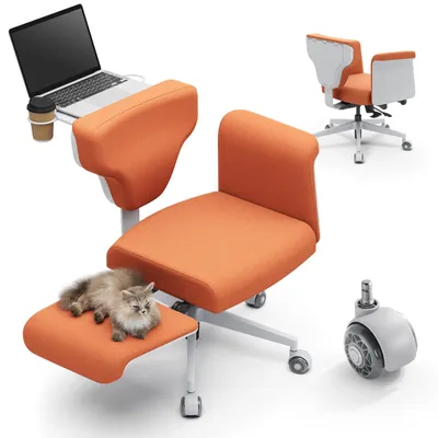 A collage of an orange ergonomic office chair with a laptop and coffee cup on an armrest, and a cat on the knee support. Another view of the chair is in the background, and a detached wheel is in the foreground.