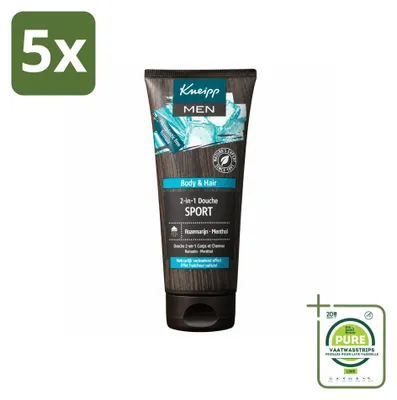 Immagine prodotto di 5 flaconi di Kneipp Men, bagnoschiuma e shampoo 2-in-1, sportivo - 200 ml - confezione grande - 5 pezzi