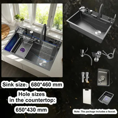Produktbild von Moderne Küchenspüle - Einzelbecken 68x46 cm rechts - Wasserfall mit Digitalanzeige - 304 Edelstahl - Aufsatzspüle für Arbeitsplatte - Gebürstete Oberfläche - Ohne Armatur