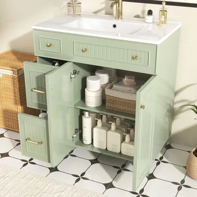 Produktbild von Badezimmerschrank mit Waschbecken 81.7cm in Grün, stehender Badschrank mit Keramikwaschtisch, lackierter Oberfläche, Stauraum und Massivholzfüßen