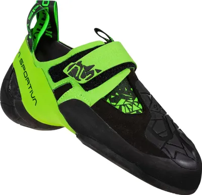 Kletterschuh "Skwama Vegan" von La Sportiva in Schwarz und Neongrün mit Klettverschluss und griffiger Sohle.