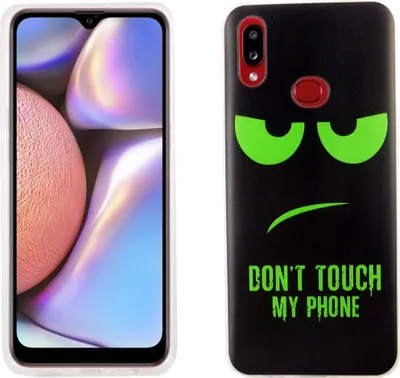 Immagine prodotto di Custodia protettiva per smartphone Samsung Galaxy A10s, colore verde, con scritta "Non toccare il mio telefono"