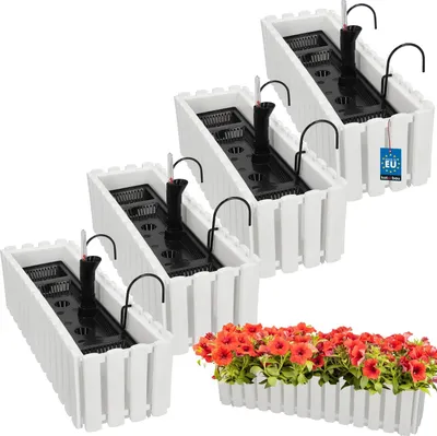 Produktbild von KOTARBAU® 4er Set Blumenkasten Balkon Blumentopf Selbstbewässernd 58x18x16cm Weiß Kunststoff Blumentopf Balkongeländer Bewässerungssystem Blumenkastenhalterung Pflanzkübel Groß Außen