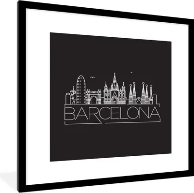 Produktbild von MuchoWow® MuchoWow® Gerahmtes Poster Skyline "Barcelona" weiß auf schwarz 40x40 cm - Poster mit zchwarzem Bilderrahmen - Poster - Plakat im Rahmen