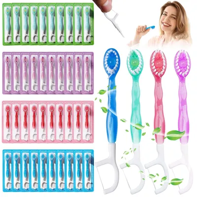 Produktbild von Zahnbürstenset, 40 Stück – Mini-Zahnbürsten, 4-in-1 – Einweg-Zahnbürsten – Zungenreiniger – Zahnseide – Hygieneverpackung