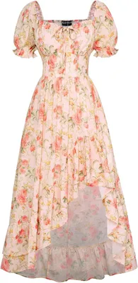 Productafbeelding van Zomerjurk dames met bloemenprint, pofmouwen en gesmokte taille, A-lijn model