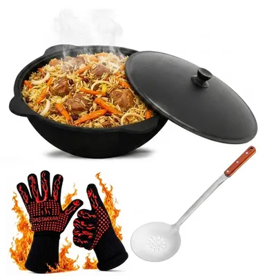 Produktbild von Kasan Gusseisen 12L mit Aluminium Deckel Schaumkelle Grillhandschuhe Original Usbekistan Kochset für Plov Wok Grill