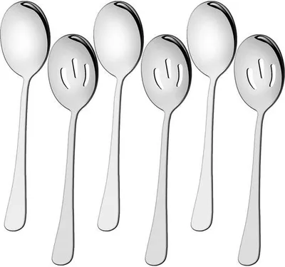 Produktbild von Unyqoos® 6-teiliges Servier- und Schlitzlöffel-Set aus Edelstahl, 22 cm – 3 Schöpf- & 3 Schlitzlöffel, rostfrei, , spülmaschinenfest, spiegelpoliert