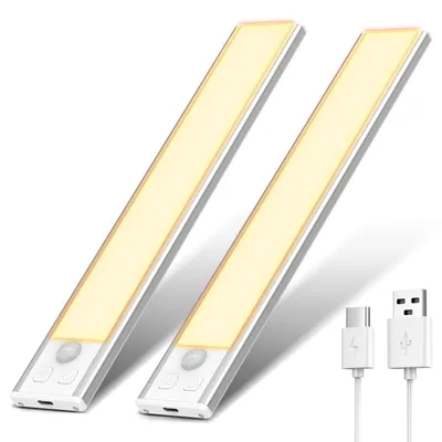 Produktbild von OUILA Led Schrankbeleuchtung mit Bewegungsmelder 60CM 3 Farben Dimmbar Unterbauleuchte Küche Led Leiste Batterie USB Wiederaufladbar Schranklicht für Küche, Badezimmer, Schlafzimmer 2 Stück – Größe 60