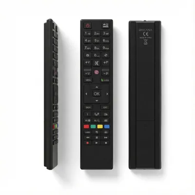 Three views of a black remote control are shown against a white background.