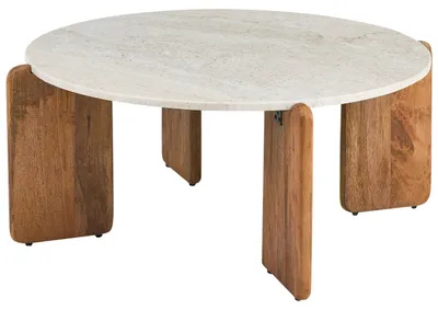 Produktbild von BELIANI Couchtisch Hellbeige Marmor u. Mangoholz Rund ⌀ 80 cm Ausgefallenes s Modernes Design Wohnzimmertisch Sofatisch Kaffeetisch