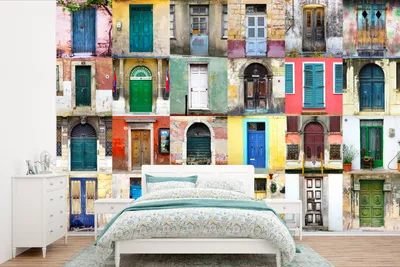 Produktbild von MuchoWow® Fototapete für Wohnzimmer oder Schlafzimmer Wandtapete Vinyl Motivtapete Türen - Regenbogen - Architektur - Collage - 600x400 cm - Vinyltapeten