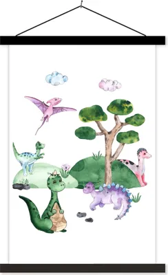 Produktbild von MuchoWow® Textilposter Kinderzimmer - Dinosaurier - Weiß - Jungen - Mädchen - Kinder 120x180 cm mit schwarzem Rahmen - Fotos