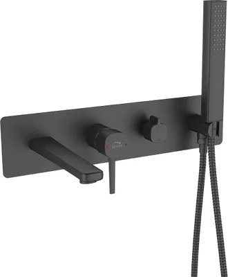 A black wall-mounted bathtub faucet with a handheld showerhead.