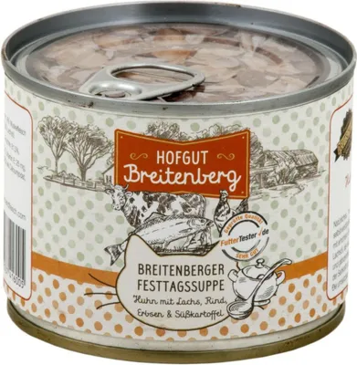 Produktbild von Hofgut Breitenberg Breitenberger Festtagssuppe, Adult, Rind, Huhn, Lachs, 180 g, Ohne Soja, Ohne künstliche Farbstoffe