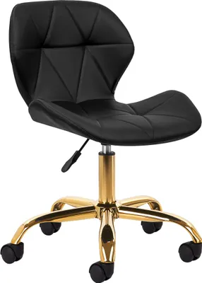 A black office chair with a gold base and wheels, shown from a side-angle.