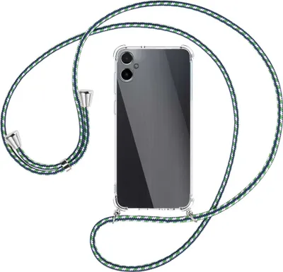 Produktbild von Handykette Backcover-Schutzhülle mit Band (Metall silberfarben) für Samsung Galaxy A05 (SM-A055) - grün/blau/weiß