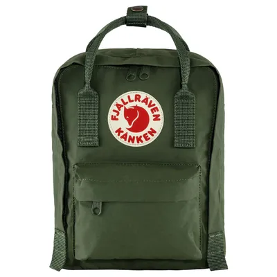 A studio shot of a green Fjällräven Kånken Mini backpack.