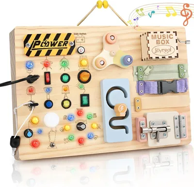 Image de Tableau d'activités Montessori 2 en 1, à partir de 1 an - Jouet en bois pour le développement de la motricité - Sensoriel - Montessori - Jouet avec 20 LED - 19 activités pour la motricité