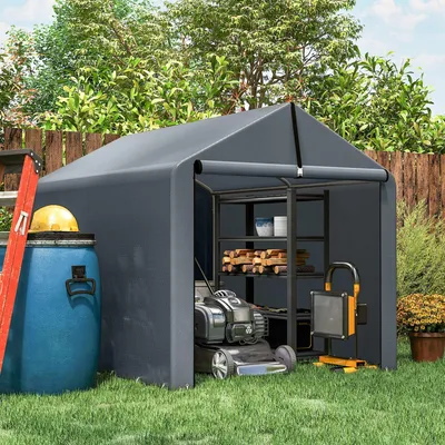 Image de Tente de garage en toile PE, toit en pente, porte enroulable, tente à outils résistante aux UV et imperméable, gris foncé | 221,5 x 162 x 163 cm | 160 g/m² | acier galvanisé