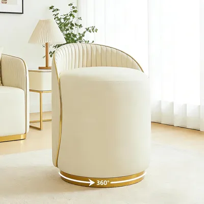 Produktbild von Runder Schminkhocker für den Schminktisch mit Lederbezug und Holzrahmen, 360° drehbarer Fußhocker mit Polsterung für Wohnzimmer und Schlafzimmer (Beige)