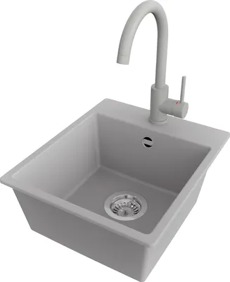 Produktbild von PRIMAGRAN Granitspüle Grau 38x44cm, Spülbecken 1 Becken + Küchenarmatur 32x20cm + Ablauf-Set, Küchenspüle ab 40er Unterschrank - Riga Easy