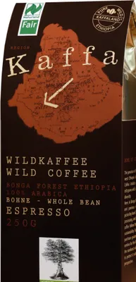 A bag of coffee beans with a map of Ethiopia and text.